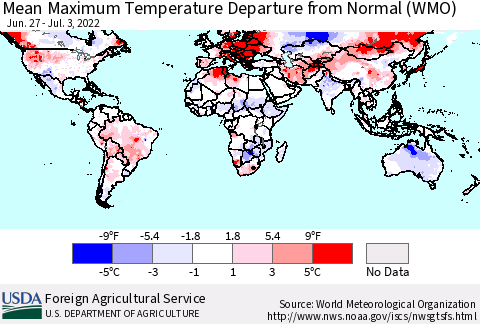 World Mean Maximum Temperature Departure from Normal (WMO) Thematic Map For 6/27/2022 - 7/3/2022