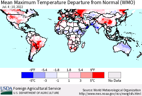 World Mean Maximum Temperature Departure from Normal (WMO) Thematic Map For 7/4/2022 - 7/10/2022