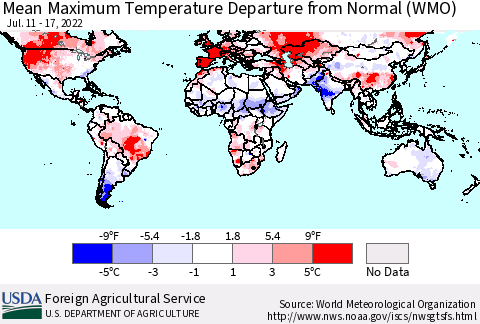 World Mean Maximum Temperature Departure from Normal (WMO) Thematic Map For 7/11/2022 - 7/17/2022