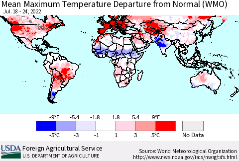 World Mean Maximum Temperature Departure from Normal (WMO) Thematic Map For 7/18/2022 - 7/24/2022