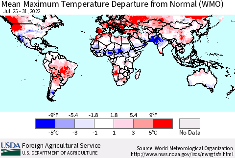 World Mean Maximum Temperature Departure from Normal (WMO) Thematic Map For 7/25/2022 - 7/31/2022