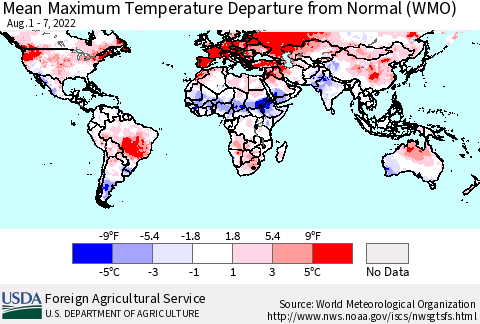 World Mean Maximum Temperature Departure from Normal (WMO) Thematic Map For 8/1/2022 - 8/7/2022