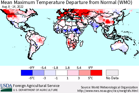 World Mean Maximum Temperature Departure from Normal (WMO) Thematic Map For 8/8/2022 - 8/14/2022