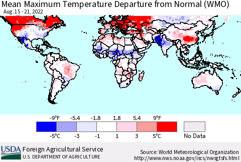 World Mean Maximum Temperature Departure from Normal (WMO) Thematic Map For 8/15/2022 - 8/21/2022