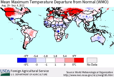 World Mean Maximum Temperature Departure from Normal (WMO) Thematic Map For 8/29/2022 - 9/4/2022