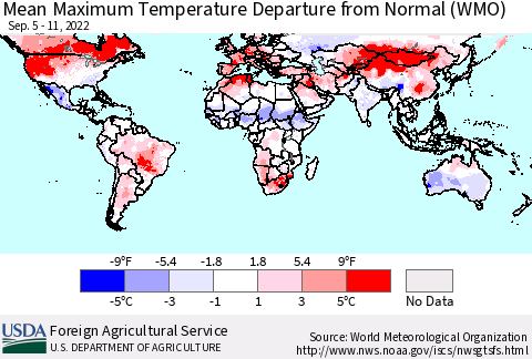 World Mean Maximum Temperature Departure from Normal (WMO) Thematic Map For 9/5/2022 - 9/11/2022