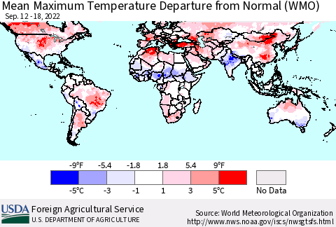 World Mean Maximum Temperature Departure from Normal (WMO) Thematic Map For 9/12/2022 - 9/18/2022