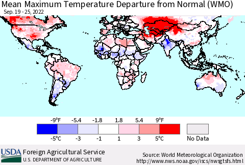 World Mean Maximum Temperature Departure from Normal (WMO) Thematic Map For 9/19/2022 - 9/25/2022