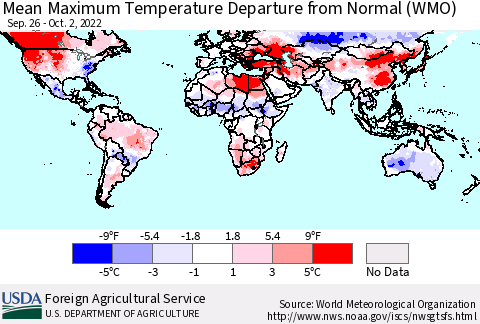 World Mean Maximum Temperature Departure from Normal (WMO) Thematic Map For 9/26/2022 - 10/2/2022