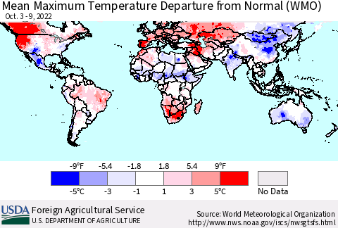 World Mean Maximum Temperature Departure from Normal (WMO) Thematic Map For 10/3/2022 - 10/9/2022