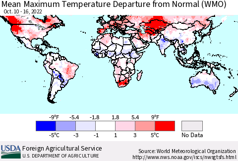World Mean Maximum Temperature Departure from Normal (WMO) Thematic Map For 10/10/2022 - 10/16/2022