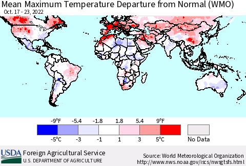 World Mean Maximum Temperature Departure from Normal (WMO) Thematic Map For 10/17/2022 - 10/23/2022
