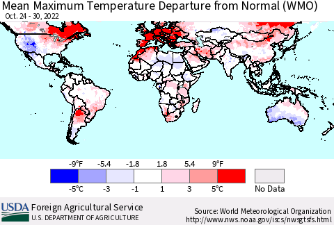 World Mean Maximum Temperature Departure from Normal (WMO) Thematic Map For 10/24/2022 - 10/30/2022