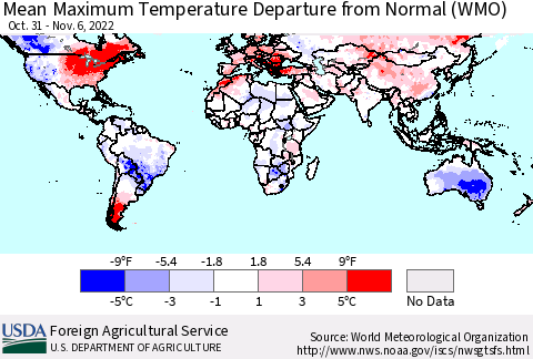 World Mean Maximum Temperature Departure from Normal (WMO) Thematic Map For 10/31/2022 - 11/6/2022