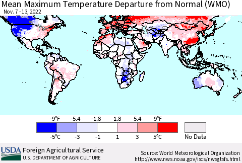 World Mean Maximum Temperature Departure from Normal (WMO) Thematic Map For 11/7/2022 - 11/13/2022