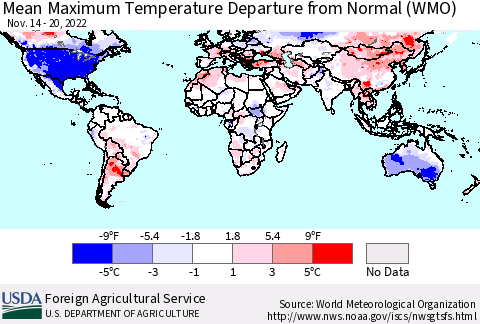 World Mean Maximum Temperature Departure from Normal (WMO) Thematic Map For 11/14/2022 - 11/20/2022