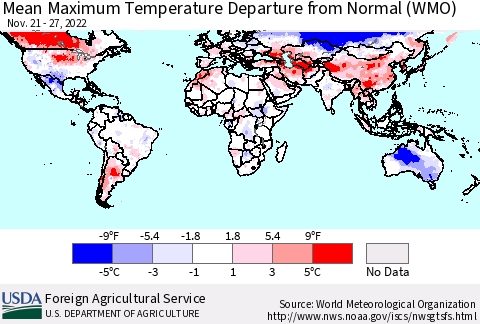 World Mean Maximum Temperature Departure from Normal (WMO) Thematic Map For 11/21/2022 - 11/27/2022