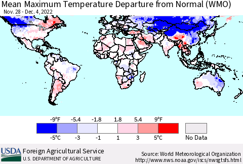 World Mean Maximum Temperature Departure from Normal (WMO) Thematic Map For 11/28/2022 - 12/4/2022