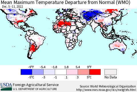 World Mean Maximum Temperature Departure from Normal (WMO) Thematic Map For 12/5/2022 - 12/11/2022
