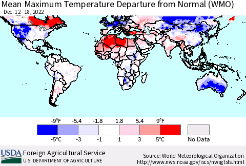 World Mean Maximum Temperature Departure from Normal (WMO) Thematic Map For 12/12/2022 - 12/18/2022