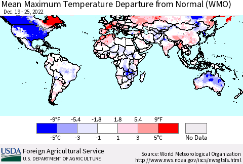 World Mean Maximum Temperature Departure from Normal (WMO) Thematic Map For 12/19/2022 - 12/25/2022