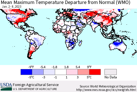 World Mean Maximum Temperature Departure from Normal (WMO) Thematic Map For 1/2/2023 - 1/8/2023