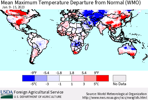World Mean Maximum Temperature Departure from Normal (WMO) Thematic Map For 1/9/2023 - 1/15/2023