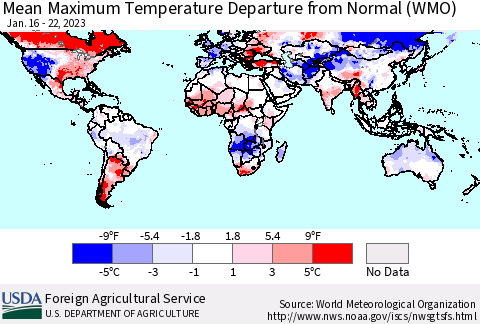 World Mean Maximum Temperature Departure from Normal (WMO) Thematic Map For 1/16/2023 - 1/22/2023