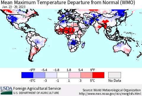 World Mean Maximum Temperature Departure from Normal (WMO) Thematic Map For 1/23/2023 - 1/29/2023