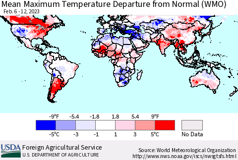 World Mean Maximum Temperature Departure from Normal (WMO) Thematic Map For 2/6/2023 - 2/12/2023