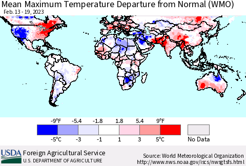 World Mean Maximum Temperature Departure from Normal (WMO) Thematic Map For 2/13/2023 - 2/19/2023