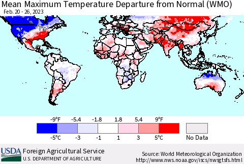 World Mean Maximum Temperature Departure from Normal (WMO) Thematic Map For 2/20/2023 - 2/26/2023