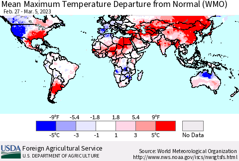 World Mean Maximum Temperature Departure from Normal (WMO) Thematic Map For 2/27/2023 - 3/5/2023