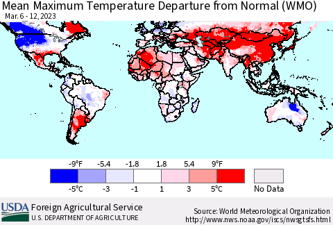 World Mean Maximum Temperature Departure from Normal (WMO) Thematic Map For 3/6/2023 - 3/12/2023