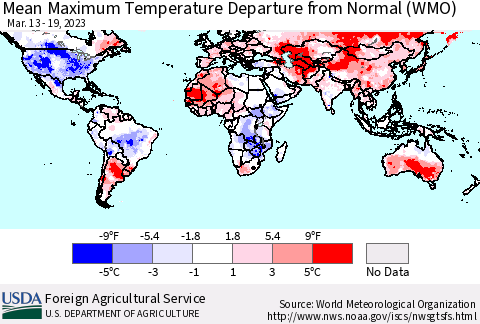 World Mean Maximum Temperature Departure from Normal (WMO) Thematic Map For 3/13/2023 - 3/19/2023