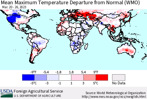 World Mean Maximum Temperature Departure from Normal (WMO) Thematic Map For 3/20/2023 - 3/26/2023