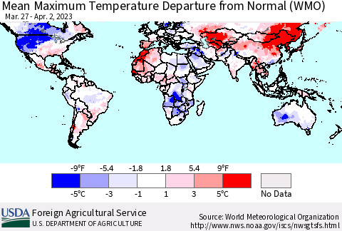 World Mean Maximum Temperature Departure from Normal (WMO) Thematic Map For 3/27/2023 - 4/2/2023
