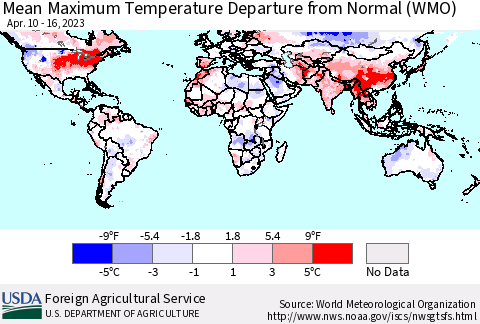World Mean Maximum Temperature Departure from Normal (WMO) Thematic Map For 4/10/2023 - 4/16/2023