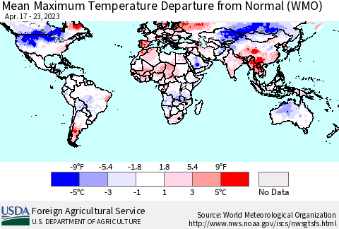 World Mean Maximum Temperature Departure from Normal (WMO) Thematic Map For 4/17/2023 - 4/23/2023