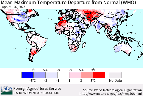 World Mean Maximum Temperature Departure from Normal (WMO) Thematic Map For 4/24/2023 - 4/30/2023