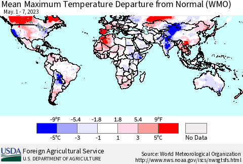World Mean Maximum Temperature Departure from Normal (WMO) Thematic Map For 5/1/2023 - 5/7/2023