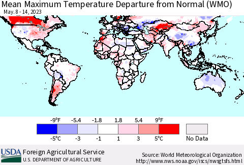 World Mean Maximum Temperature Departure from Normal (WMO) Thematic Map For 5/8/2023 - 5/14/2023