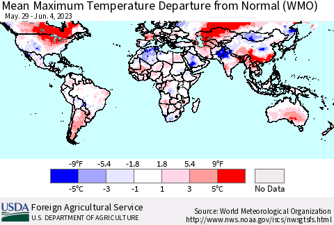 World Mean Maximum Temperature Departure from Normal (WMO) Thematic Map For 5/29/2023 - 6/4/2023