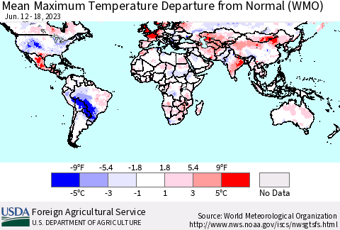 World Mean Maximum Temperature Departure from Normal (WMO) Thematic Map For 6/12/2023 - 6/18/2023