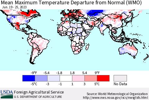 World Mean Maximum Temperature Departure from Normal (WMO) Thematic Map For 6/19/2023 - 6/25/2023