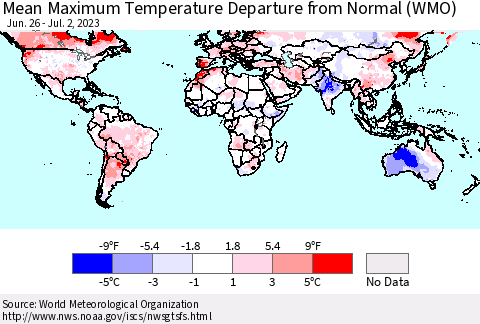 World Mean Maximum Temperature Departure from Normal (WMO) Thematic Map For 6/26/2023 - 7/2/2023