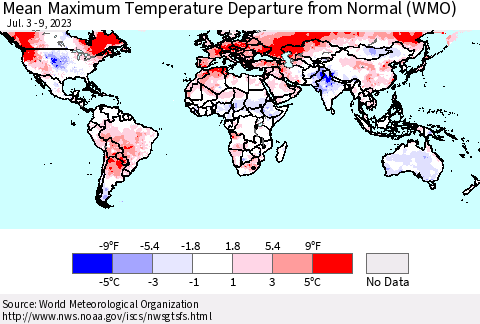 World Mean Maximum Temperature Departure from Normal (WMO) Thematic Map For 7/3/2023 - 7/9/2023