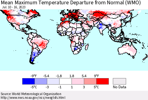 World Mean Maximum Temperature Departure from Normal (WMO) Thematic Map For 7/10/2023 - 7/16/2023