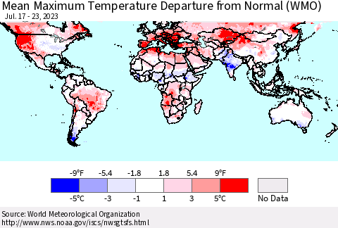 World Mean Maximum Temperature Departure from Normal (WMO) Thematic Map For 7/17/2023 - 7/23/2023