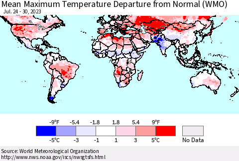 World Mean Maximum Temperature Departure from Normal (WMO) Thematic Map For 7/24/2023 - 7/30/2023